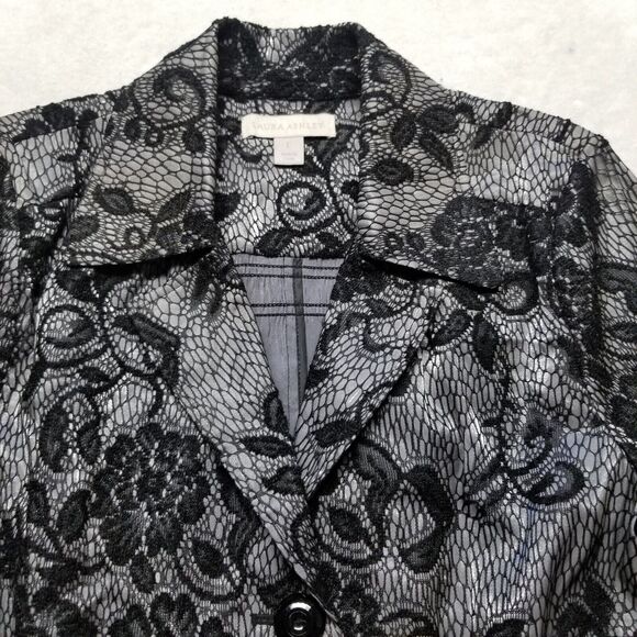 Laura Ashley L Blazer Silver With Black Lace Overlay Jacket Whimsigoth Career - Picture 4 of 10